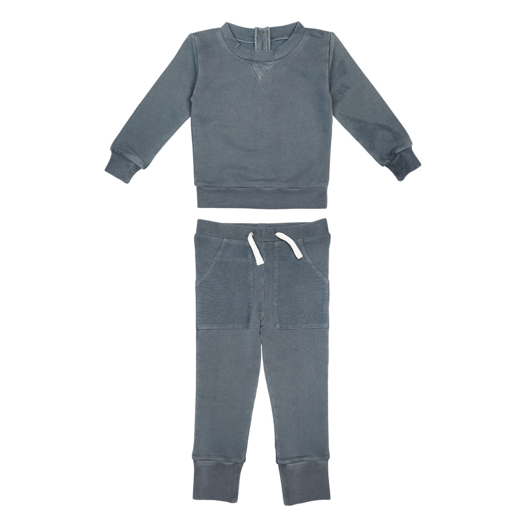 Kids' French Terry Sweatshirt & Jogger Set in Moonstone, a gray blue color.