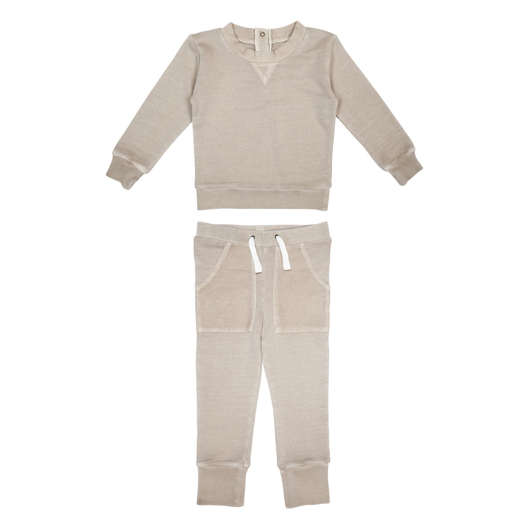 Kids' French Terry Sweatshirt & Jogger Set in Oatmeal, a light tan color.