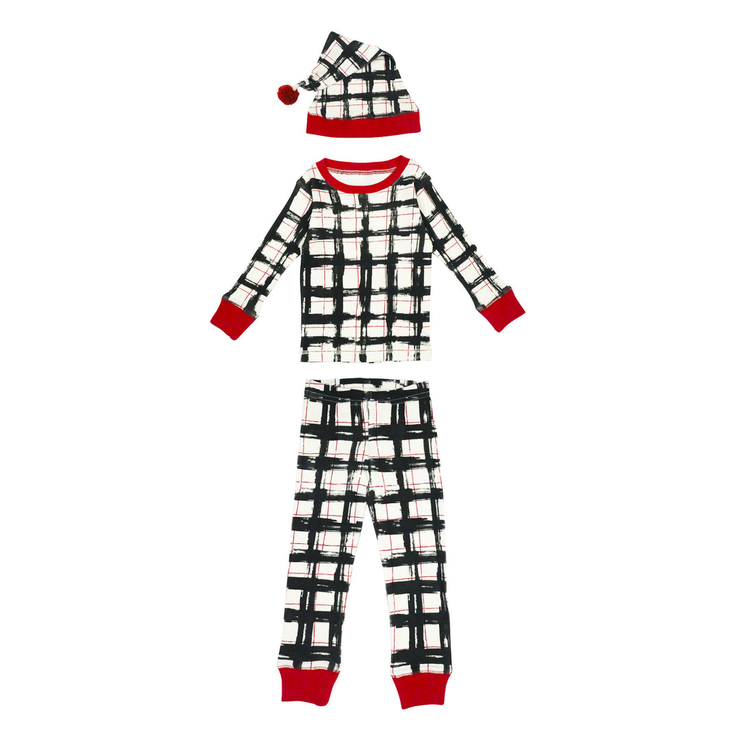 Organic Holiday Kids' PJ & Cap Set in Christmas Day Plaid, a beige fabric with red and black plaid.