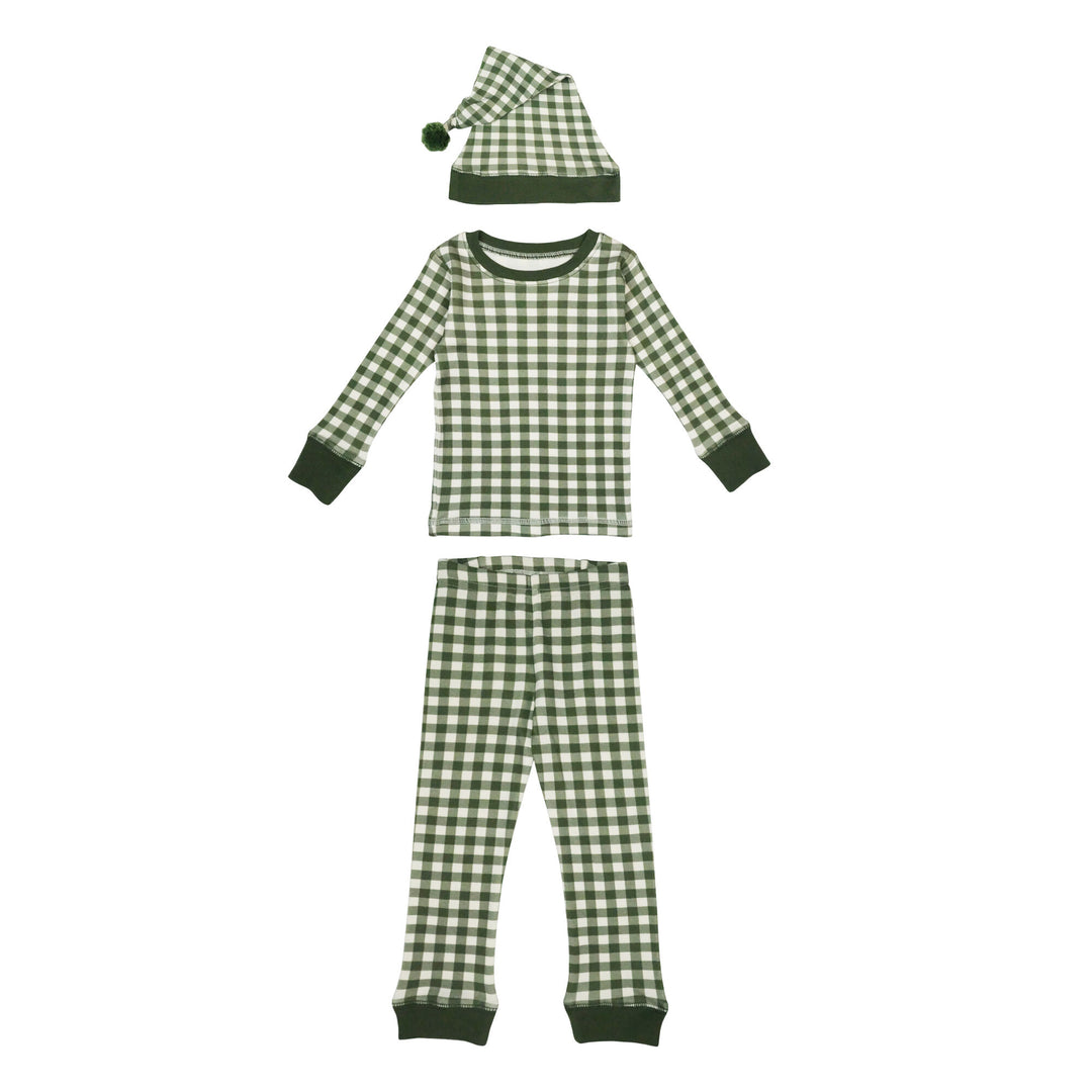 Organic Holiday Kids' PJ & Cap Set in Christmas Eve Plaid, a beige fabic with green gingham print.