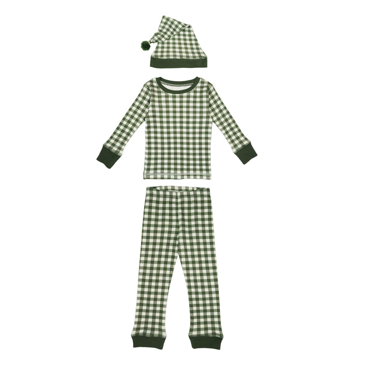 Organic Holiday Kids' PJ & Cap Set in Christmas Eve Plaid, a beige fabic with green gingham print.