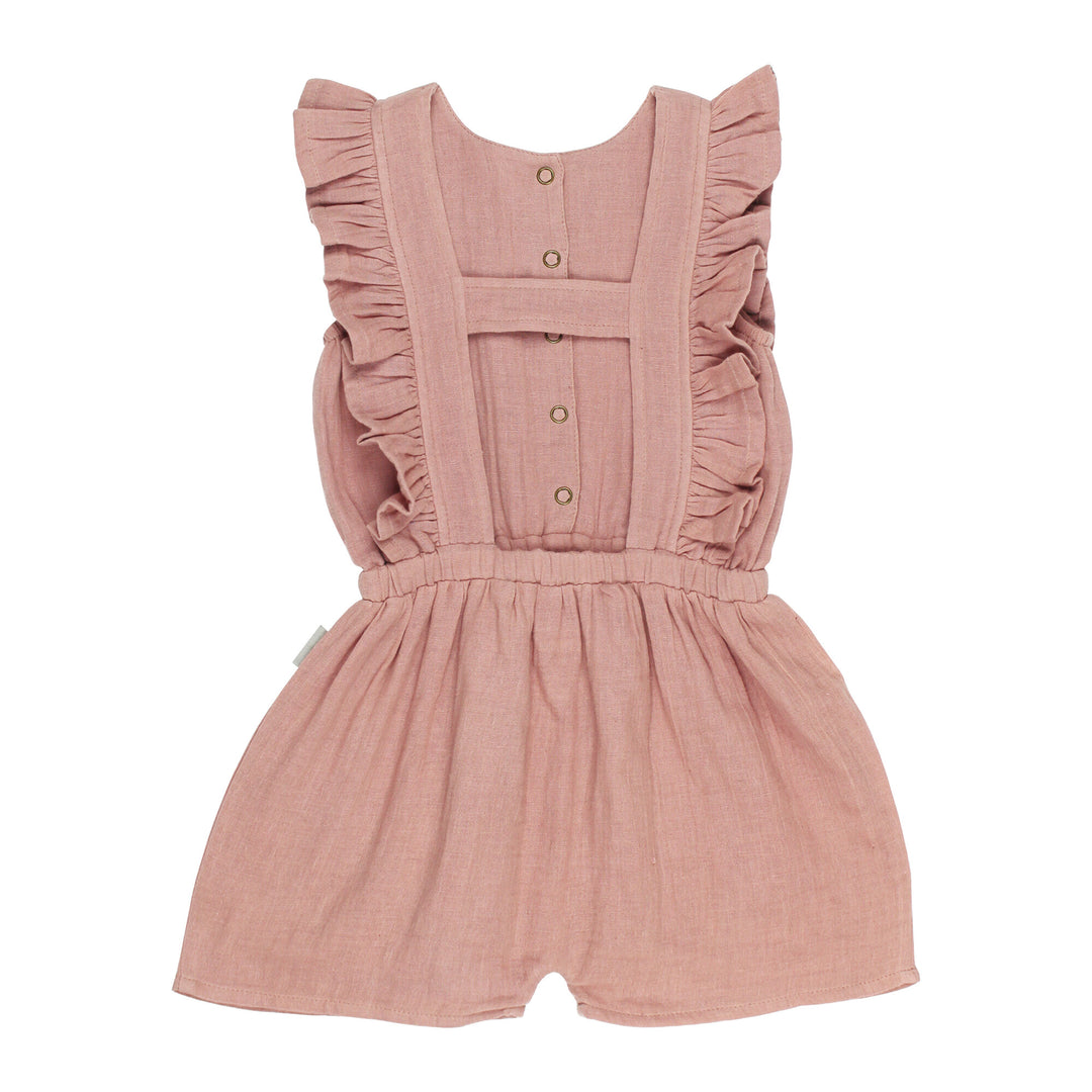 Back view of Kids' Organic Muslin Ruffle Jumper in Desert Rose.