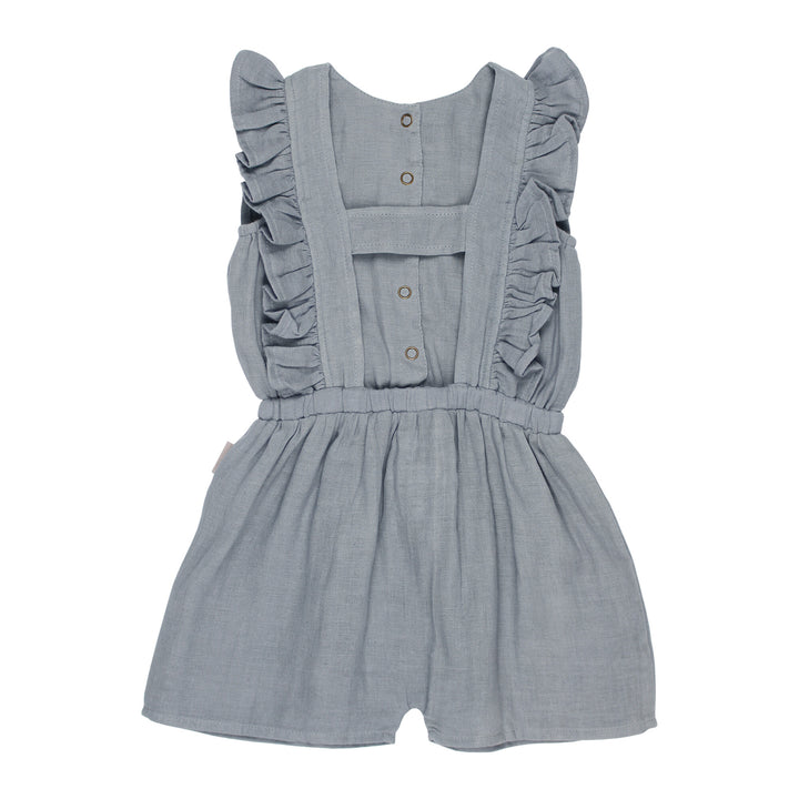 Back view of Kids' Organic Muslin Ruffle Jumper in Twilight.