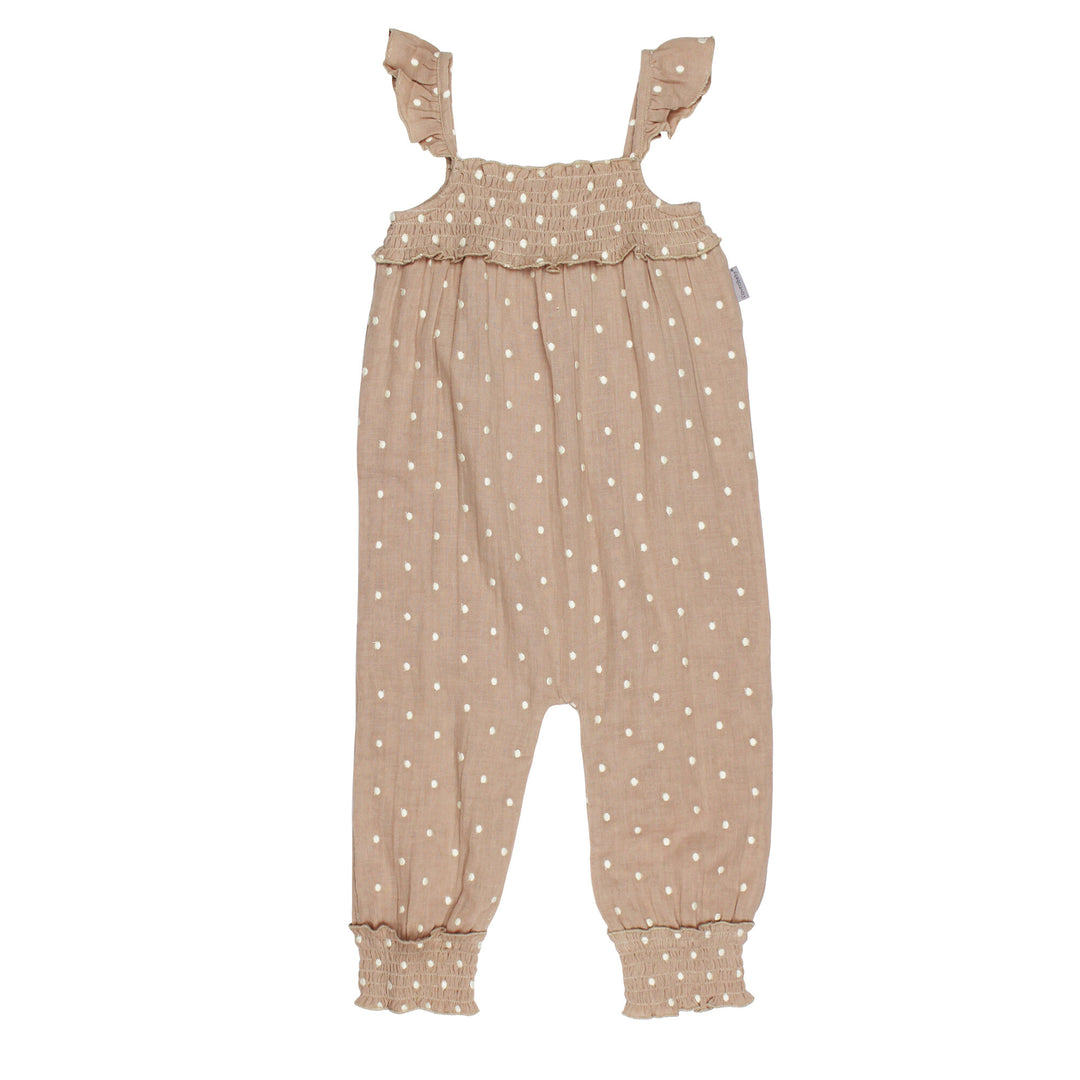 Kids' Embroidered Muslin Sleeveless Romper in Wheat Dot.