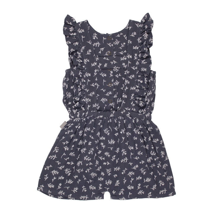 Back view of Kids' Organic Muslin Ruffle Jumper in Dusk Leaves.