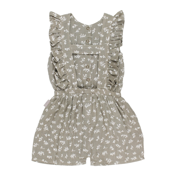 Back view of Kids' Organic Muslin Ruffle Jumper in Fawn Leaves.