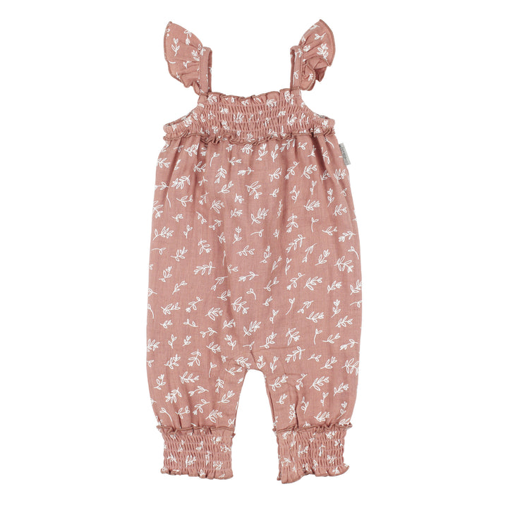 Kids' Organic Muslin Sleeveless Romper in Desert Rose Leaves.
