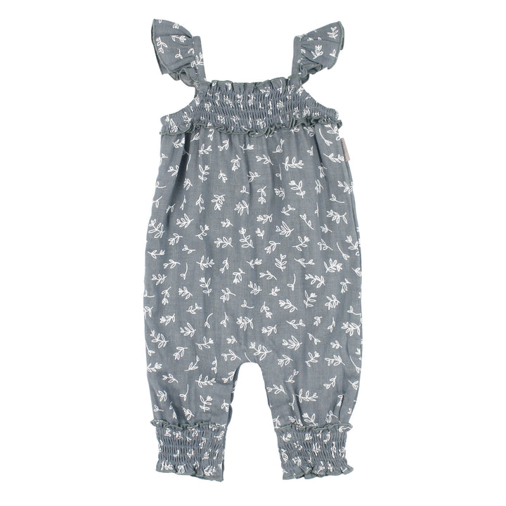 Kids' Organic Muslin Sleeveless Romper in Twilight Leaves.