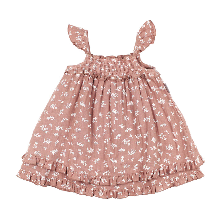 Kids' Organic Muslin Summer Dress in Desert Rose Leaves.