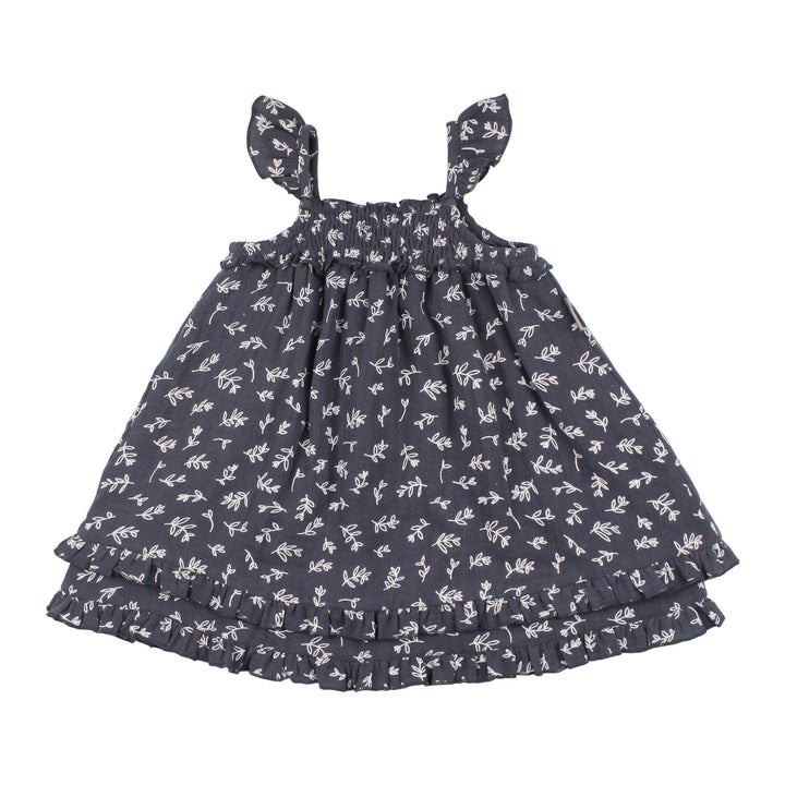 Kids' Organic Muslin Summer Dress in Dusk Leaves.