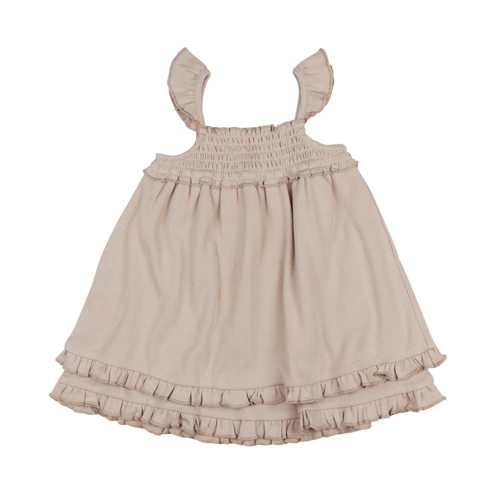 Kids' Smocked Summer Dress in Oatmeal, a light tan color.