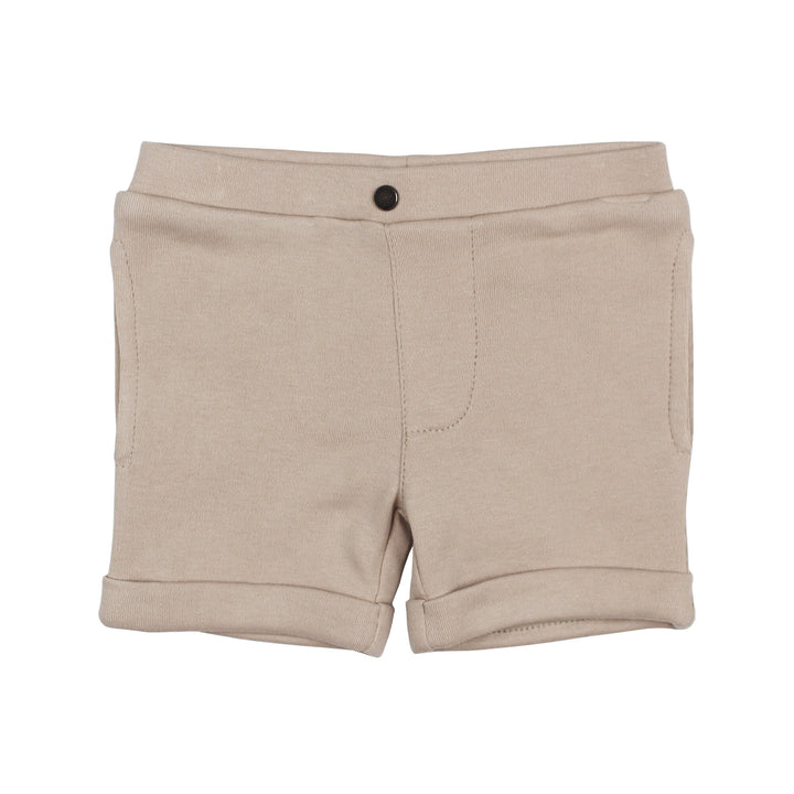 Kids' Cuffed Shorts in Oatmeal, a light tan color.