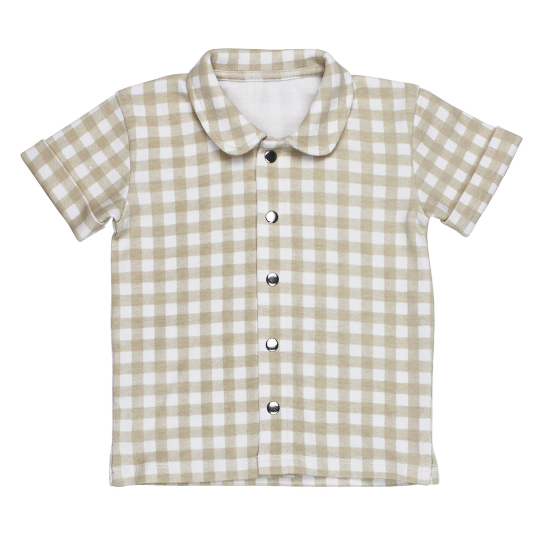 Kids' Printed Button-Up Shirt in Stone Gingham.