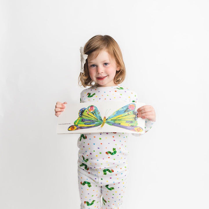 Child wearing Kids' Organic L/Sleeve PJ Set in Caterpillar.