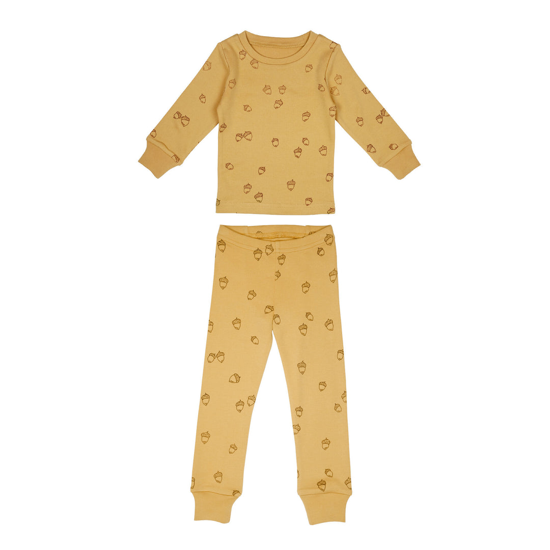 Kids' Printed L/Sleeve PJ Set in Honey Acorn, a mustard yellow fabric with brown printed acorns.