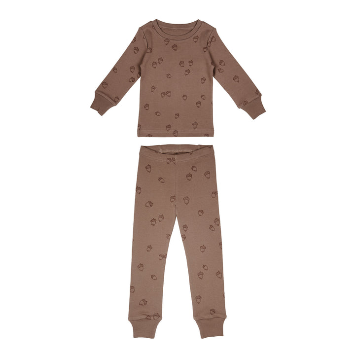 Kids' Printed L/Sleeve PJ Set in Latte Acorn, a medium brown fabric with dark brown printed acorns.
