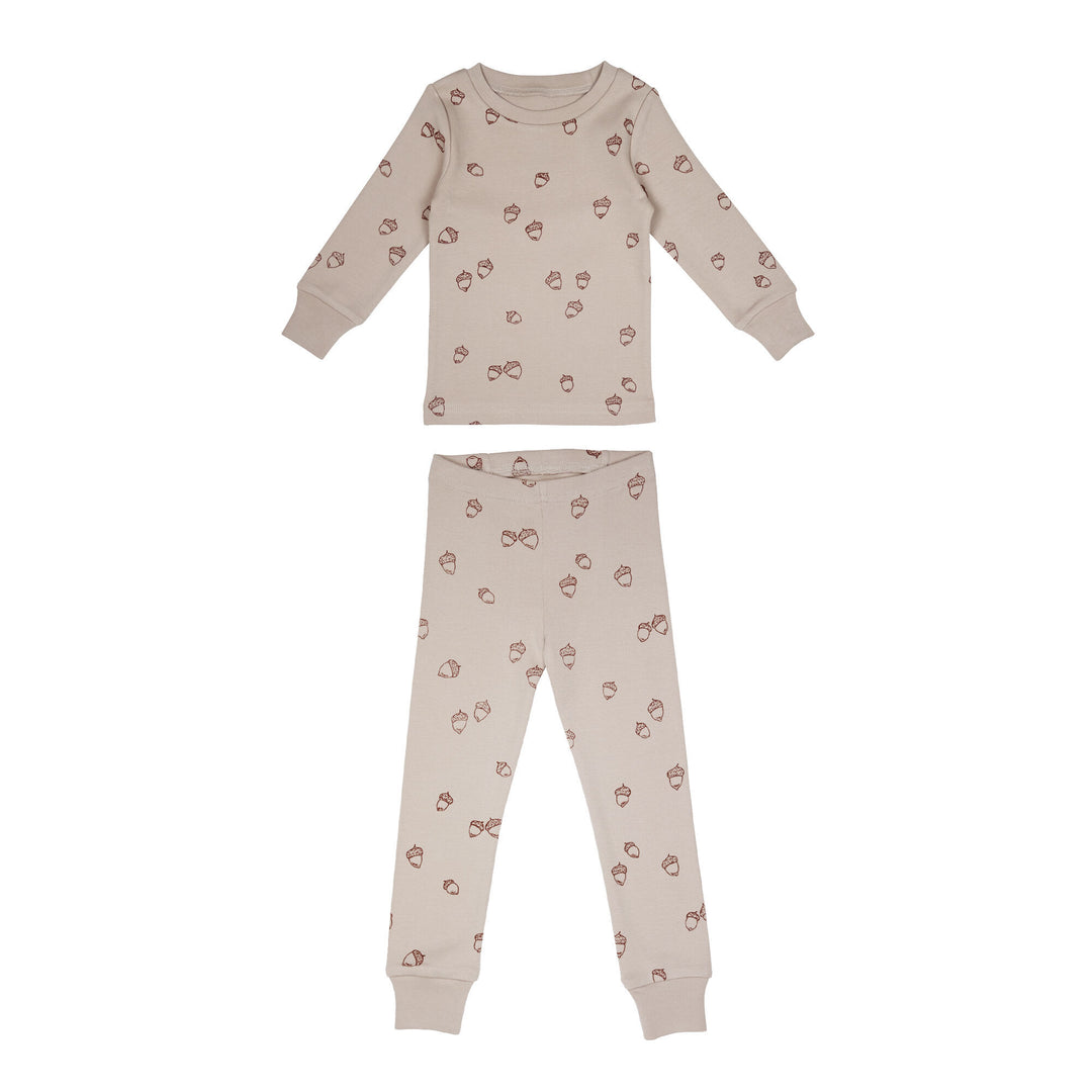 Kids' Printed L/Sleeve PJ Set in Oatmeal Acorn, a light tan fabric with brown printed acorns.