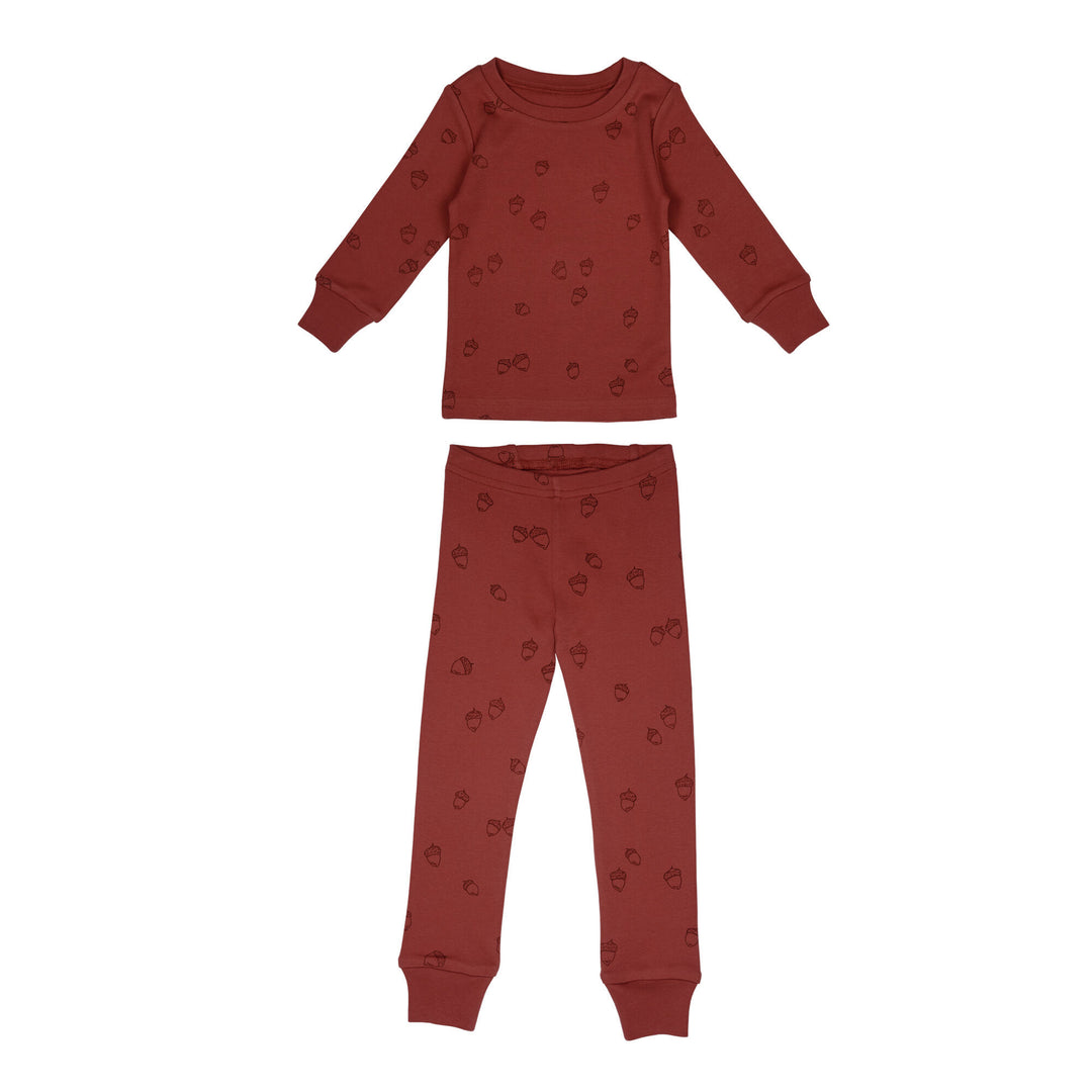 Kids' Printed L/Sleeve PJ Set in Spice Acorn, a reddish brown fabric with brown printed acorns.
