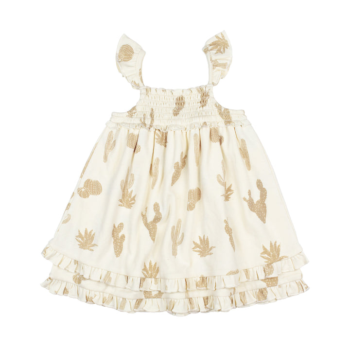 Kids' Printed Smocked Summer Dress in Buttercream Cactus.