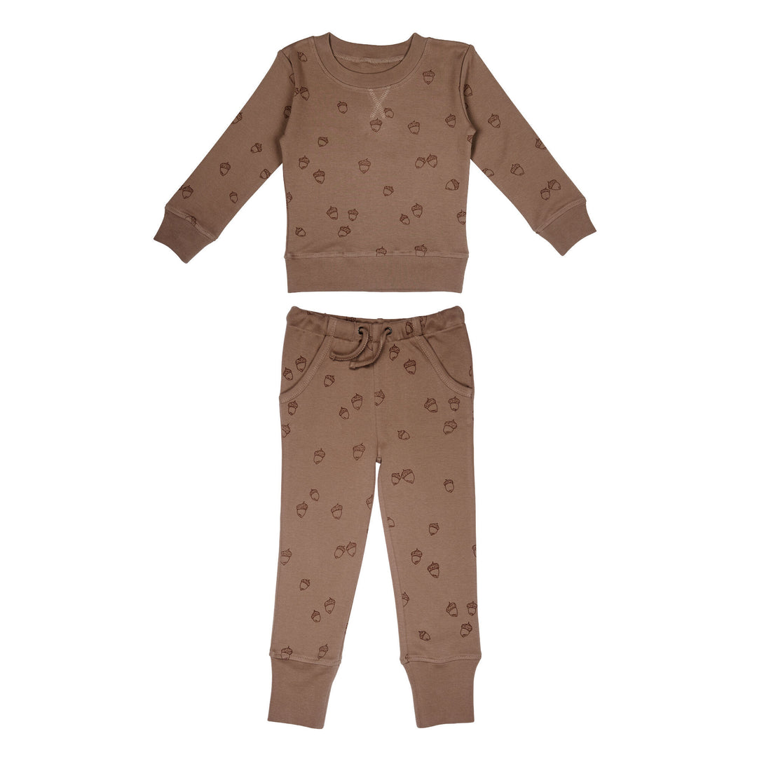 Kids' Printed Sweatshirt & Jogger Set in Latte Acorn, a medium brown fabric with dark brown printed acorns.