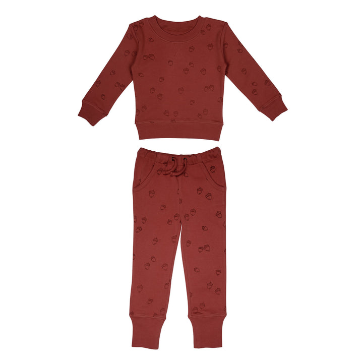 Kids' Printed Sweatshirt & Jogger Set in Spice Acorn, a reddish brown fabric with brown printed acorns.
