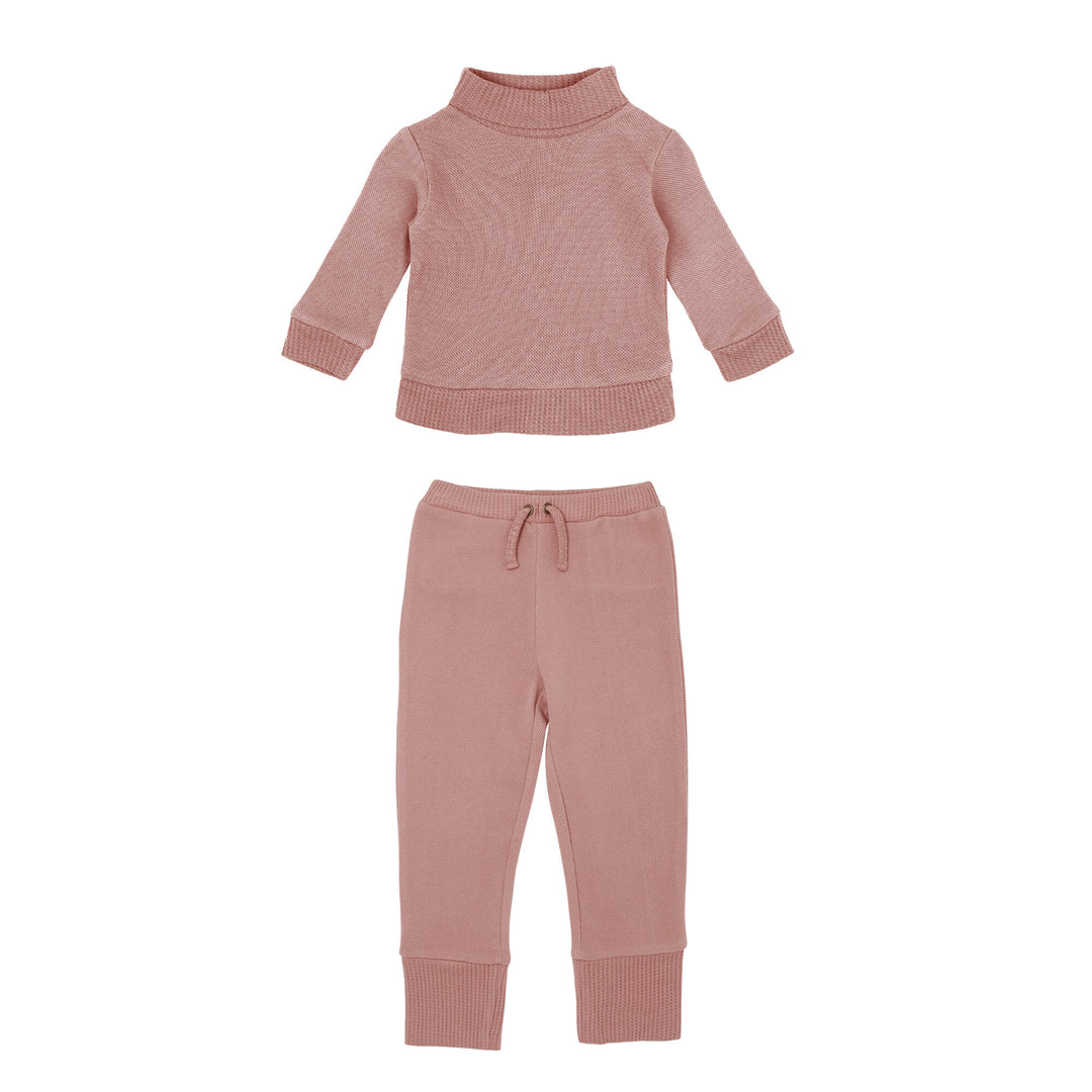 Kids' Organic Pique Mock-Neck Sweater & Jogger Set in Mauve, a medium pink color.