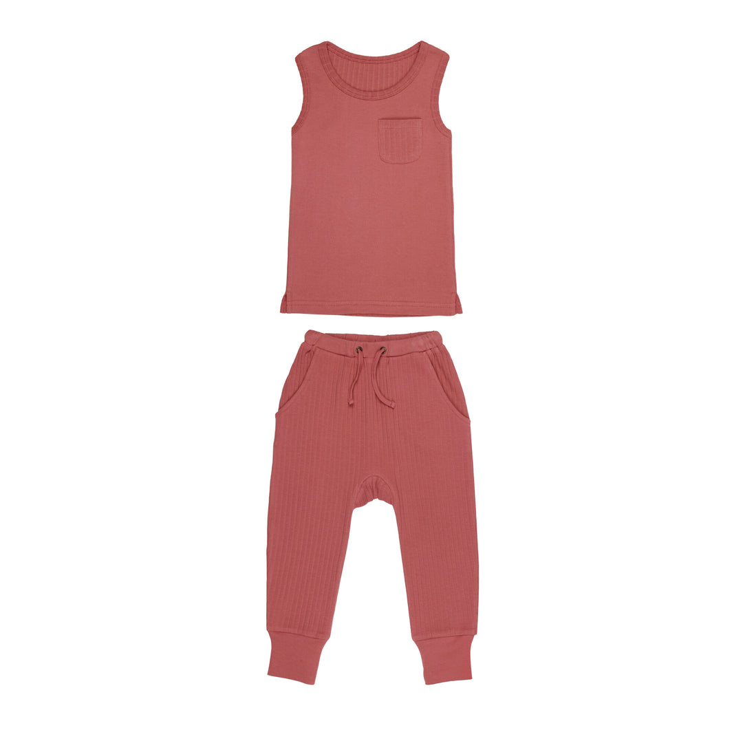 Kids' Ribbed Tank & Jogger Set in Sienna, a dark pink color.