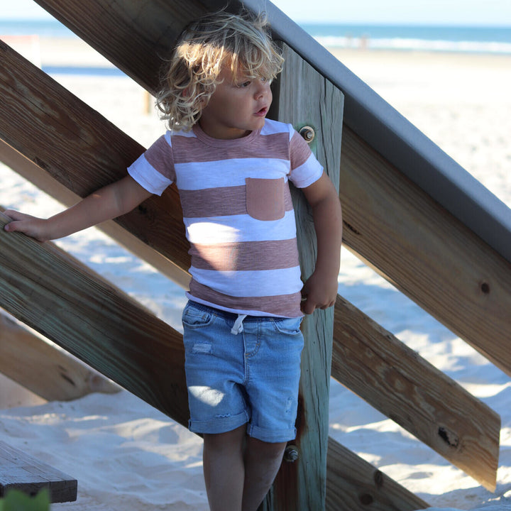 Child wearing Kids' Slub Jersey Crewneck Tee in Adobe Stripe.