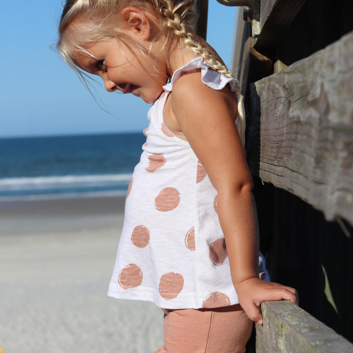 Child wearing Kids' Tank & Tap Short Set in Adobe Dot.