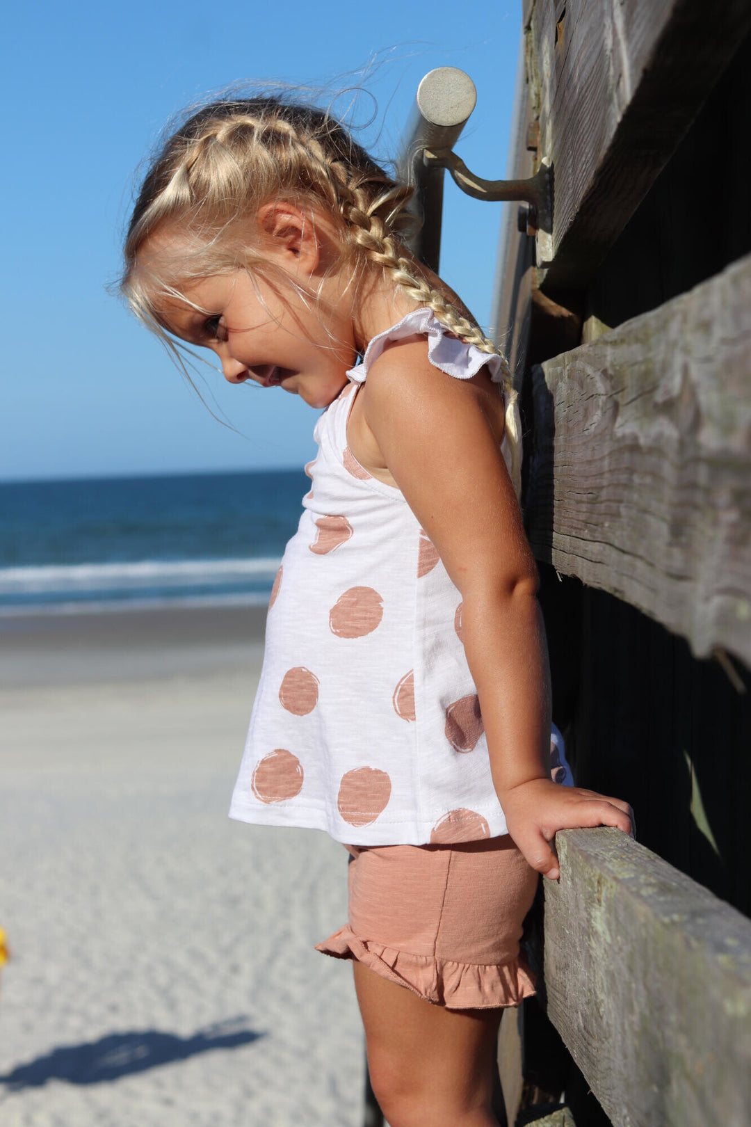 Child wearing Kids' Tank & Tap Short Set in Adobe Dot.