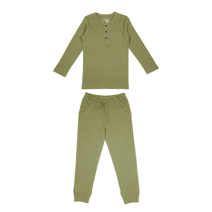 Kids' Organic  Thermal Henley & Jogger Set in Sage, a medium green color.