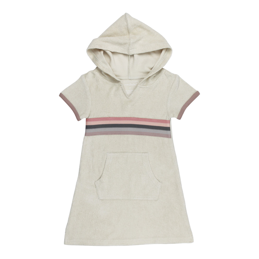 Organic Terry Cloth Cap-Sleeve Hoodie Dress in Pinks, a trio of light pink, salmon pink, and medium pink.
