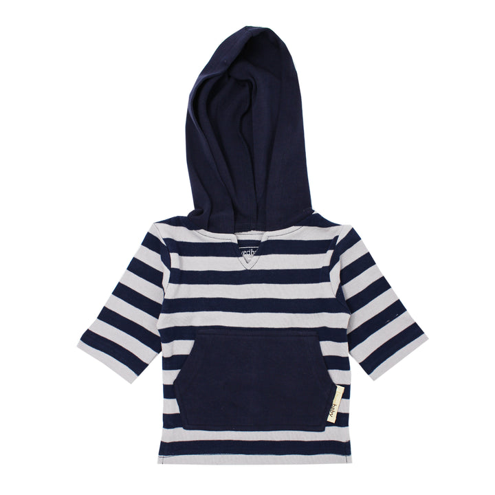 Organic Hoodie in Navy/Light Gray Stripe, a dark blue and light gray stripe pattern.