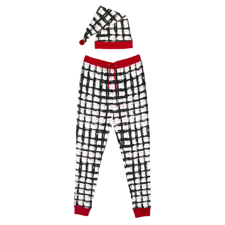 Organic Holiday Men's Jogger & Cap Set in Christmas Day Plaid, a beige fabric with red and black plaid.