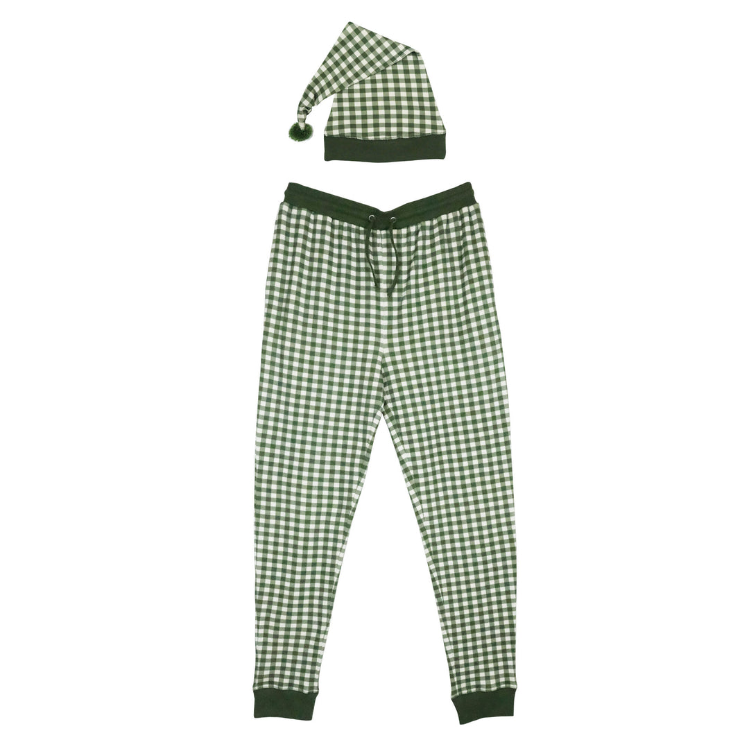Organic Holiday Men's Jogger & Cap Set in Christmas Eve Plaid, a beige fabic with green gingham print.