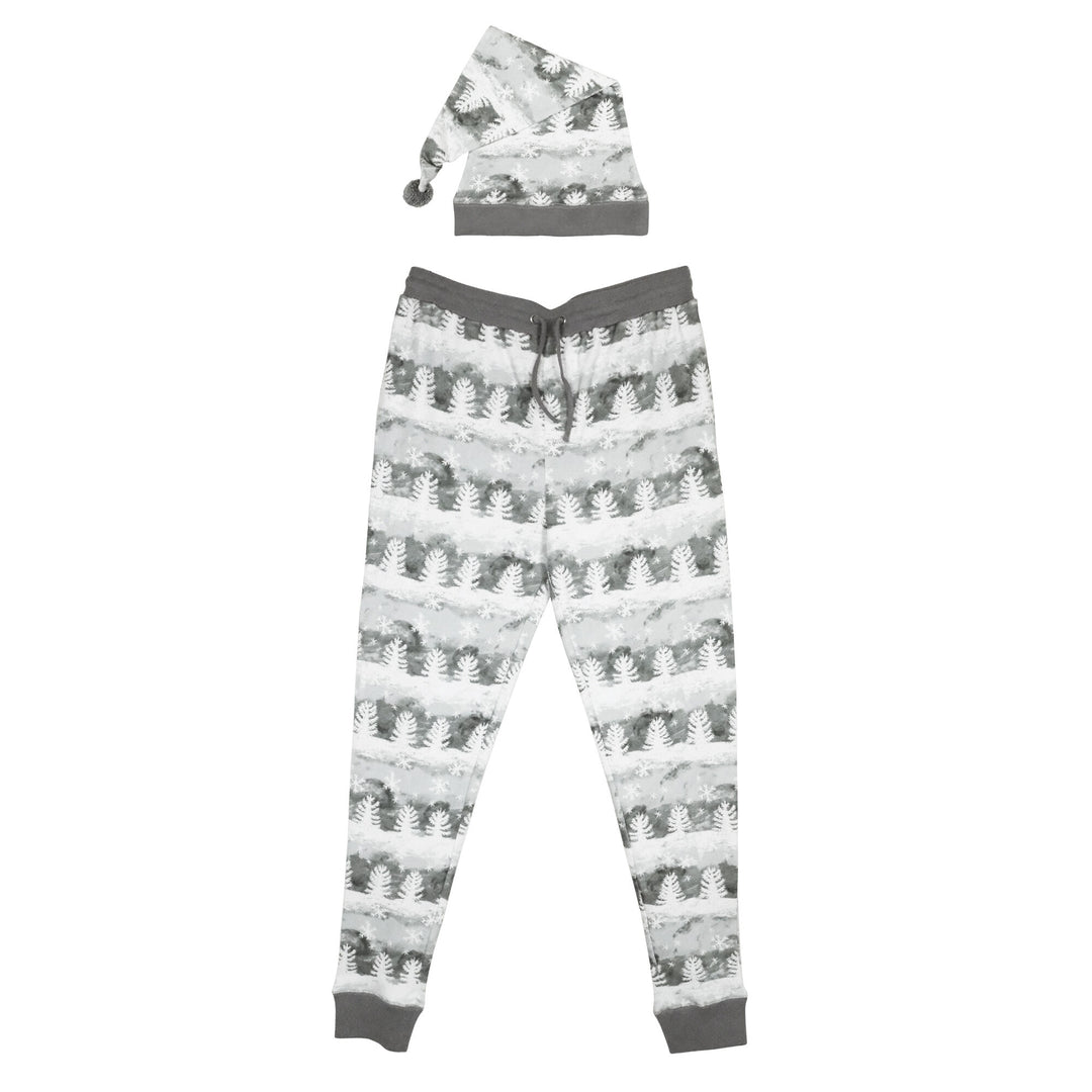 Organic Holiday Men's Jogger & Cap Set in Winter Wonderland, a white base fabic with greenish gray trees.