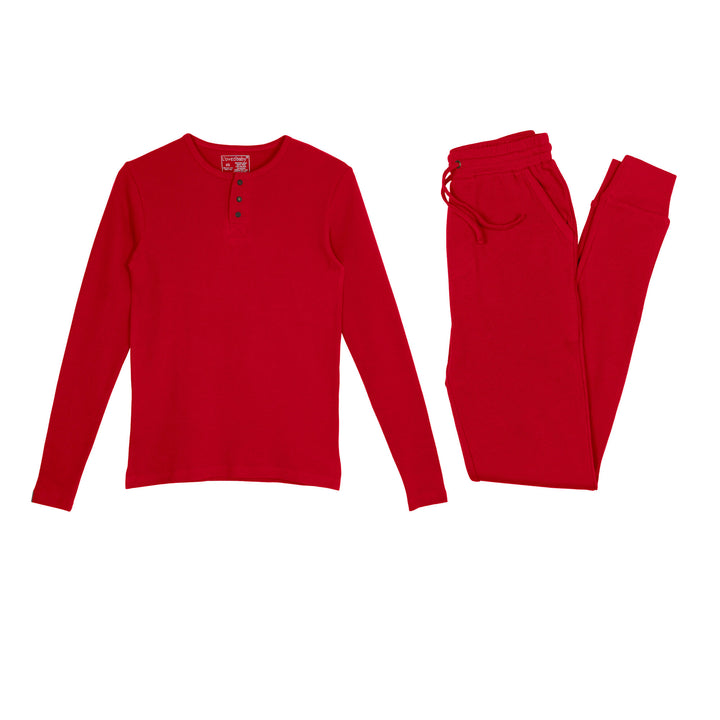 Organic Thermal Men's Lounge Set in Cherry, a bright red color.