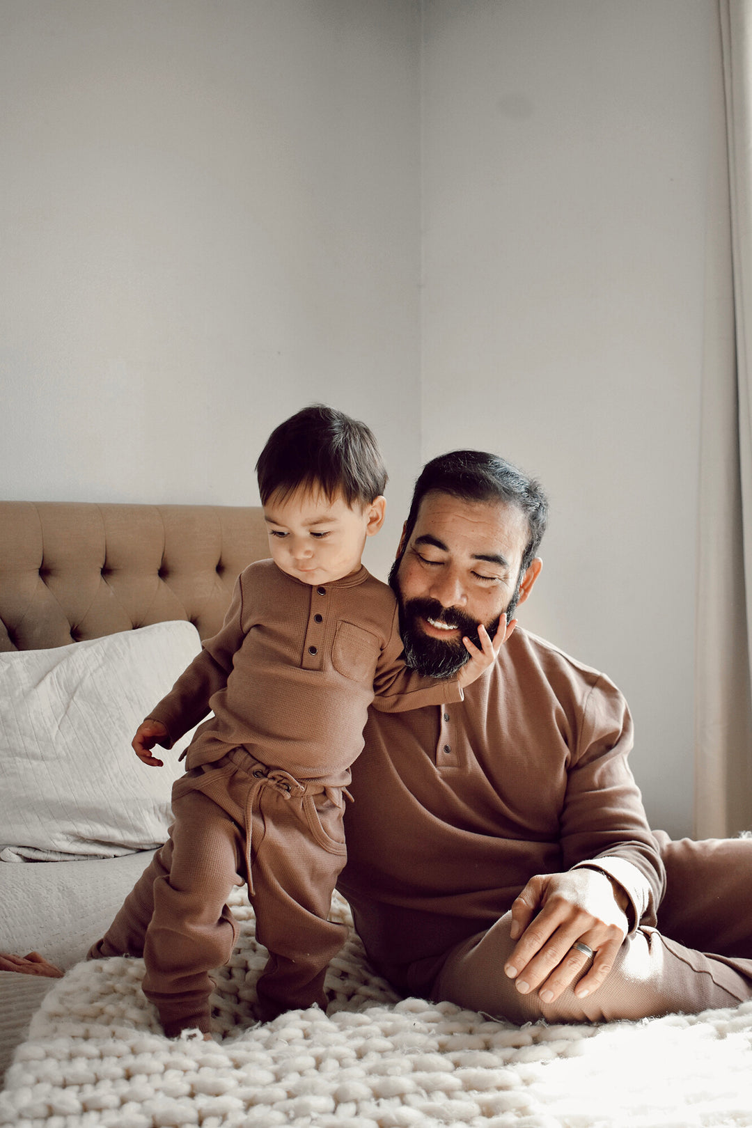 Child wearing Men's Organic Thermal Lounge Set in Cocoa.