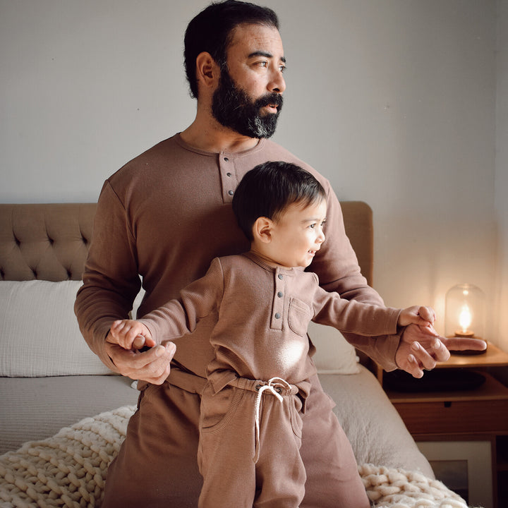Child wearing Men's Organic Thermal Lounge Set in Cocoa.