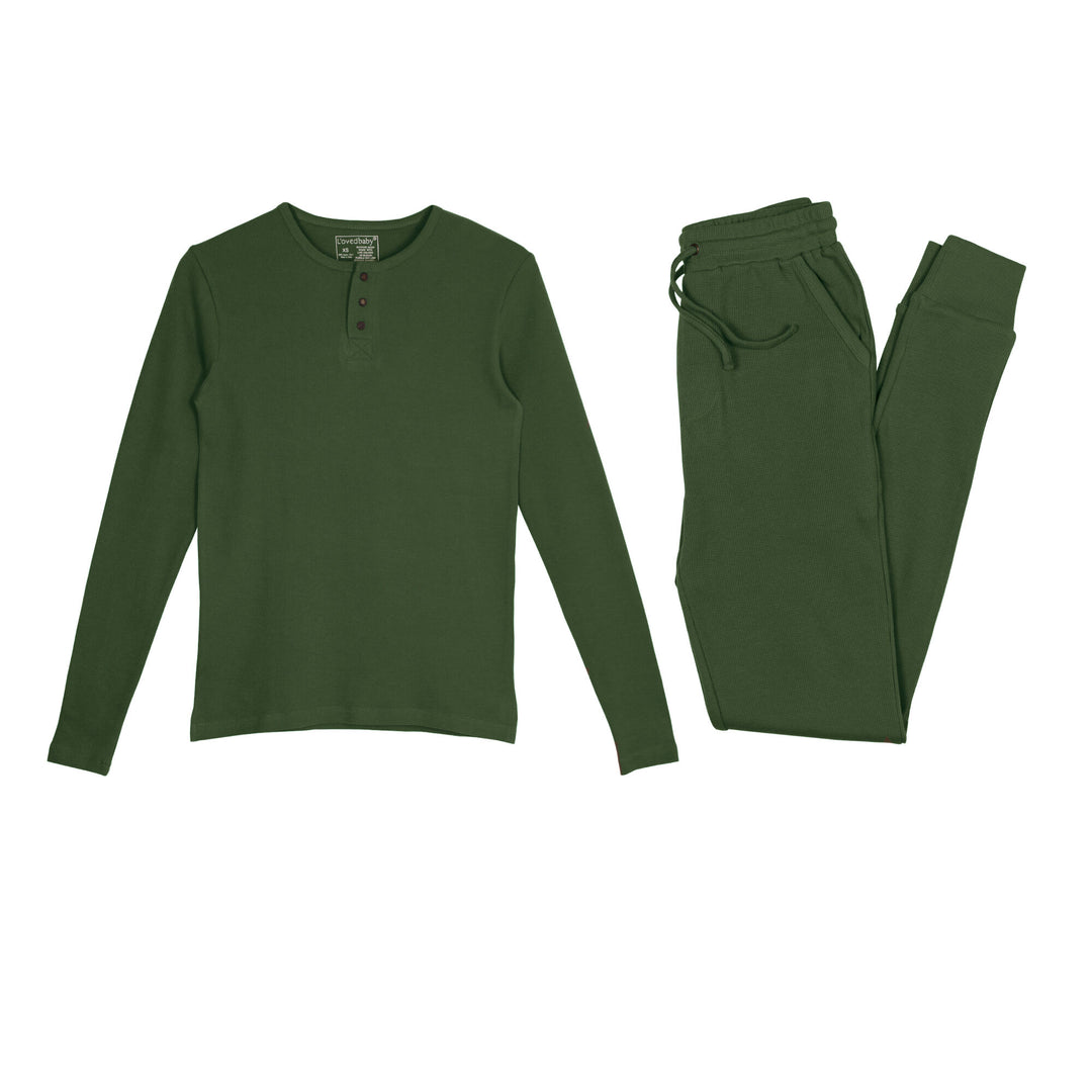 Organic Thermal Men's Lounge Set in Forest, a deep green color.