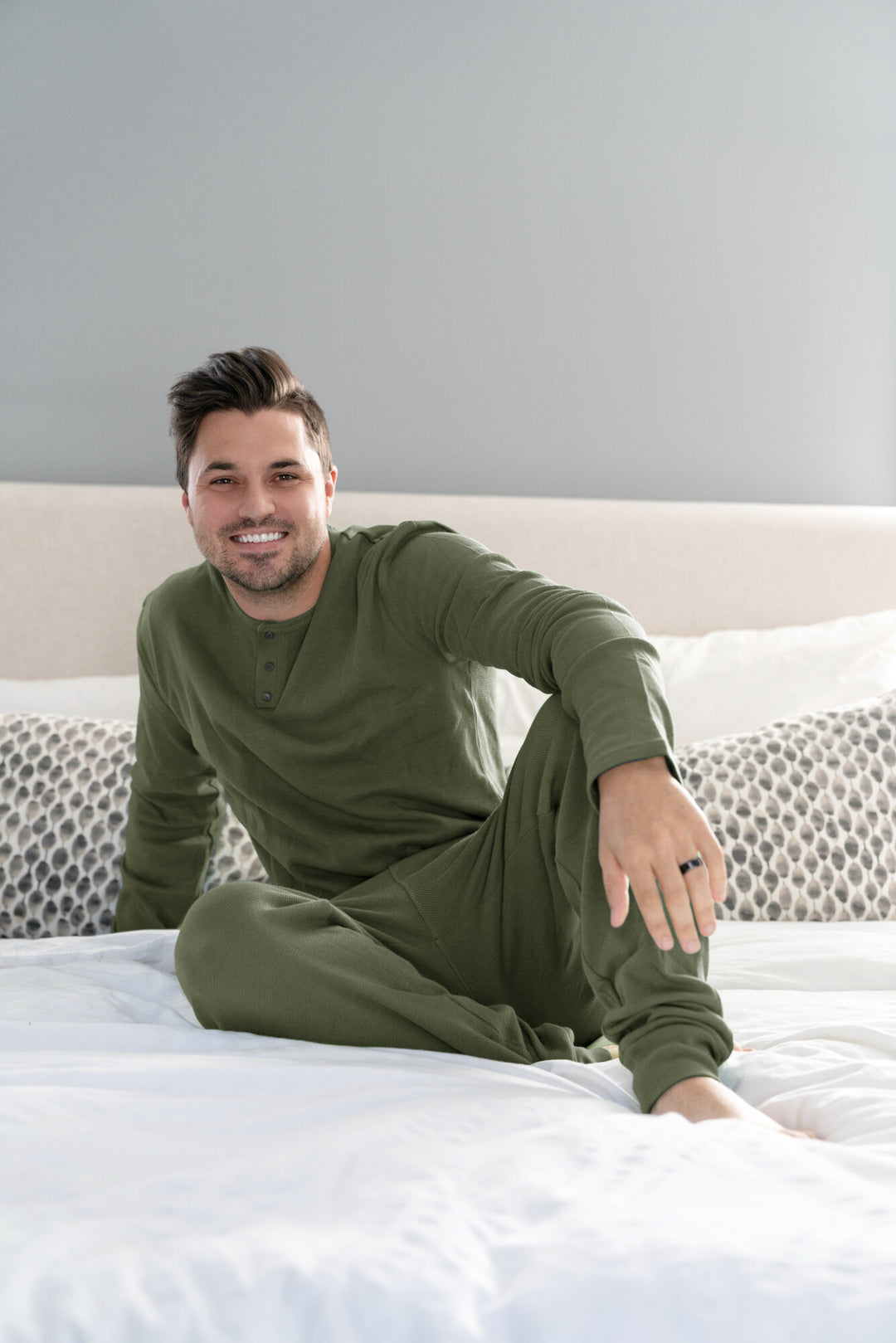 Child wearing Organic Thermal Men's Lounge Set in Forest.
