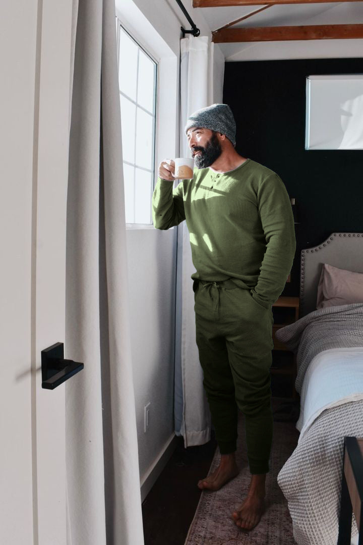Child wearing Organic Thermal Men's Lounge Set in Forest.