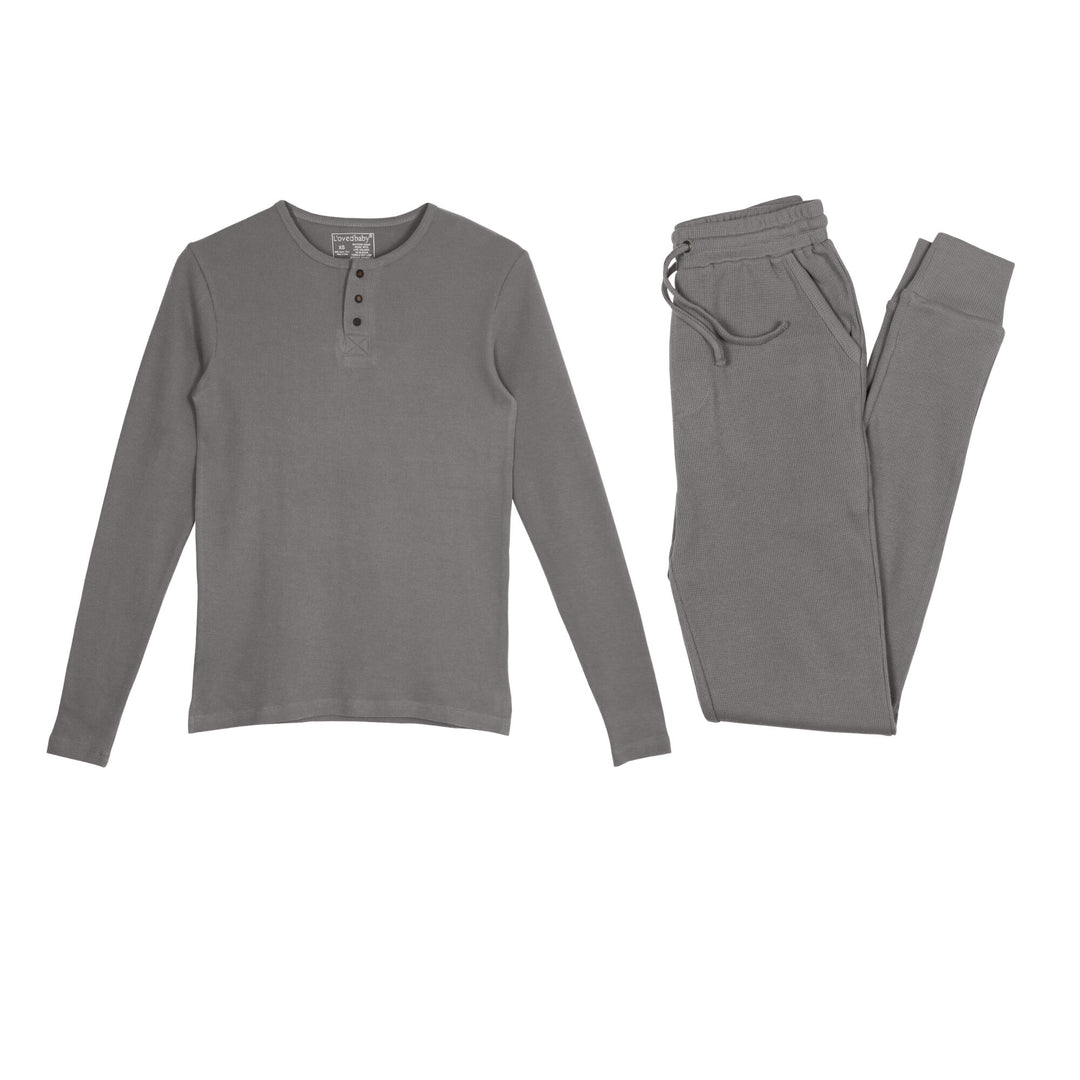 Organic Thermal Men's Lounge Set in Mist, a medium gray color.