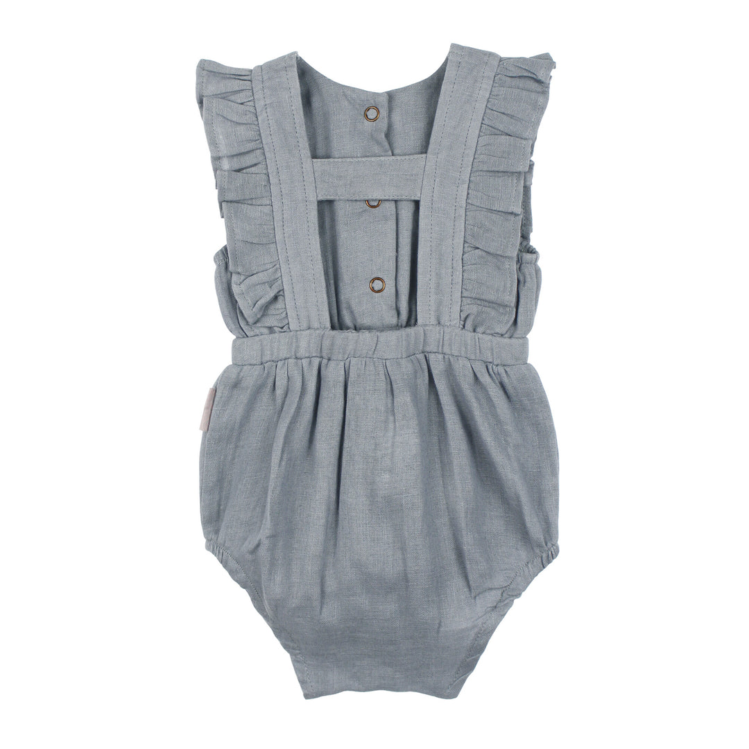Back view of Organic Muslin Ruffle Bodysuit in Twilight.