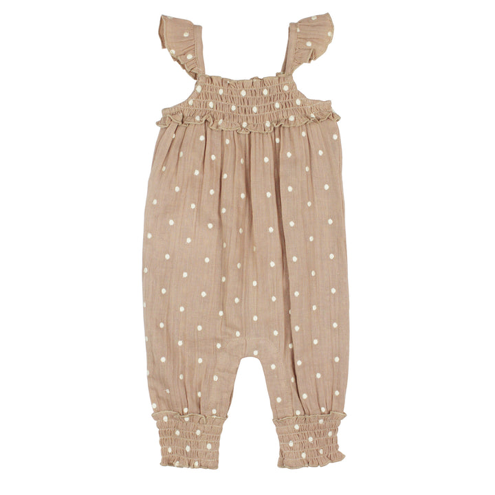Embroidered Muslin Sleeveless Romper in Wheat Dot.