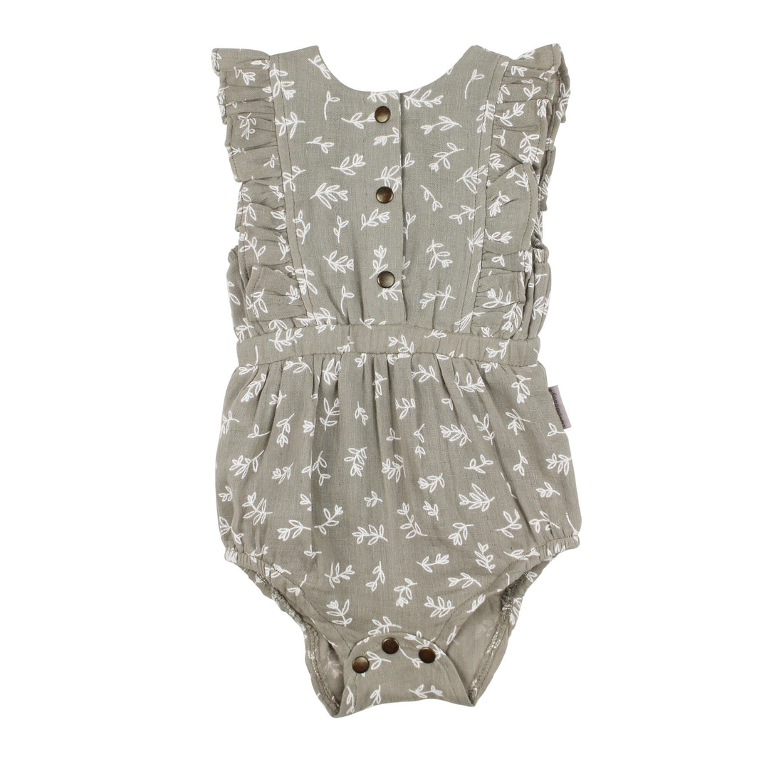 Organic Muslin Ruffle Bodysuit in Fawn Leaves.