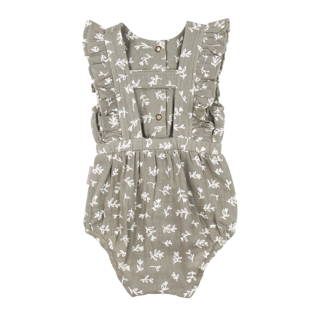 Back view of Organic Muslin Ruffle Bodysuit in Fawn Leaves.