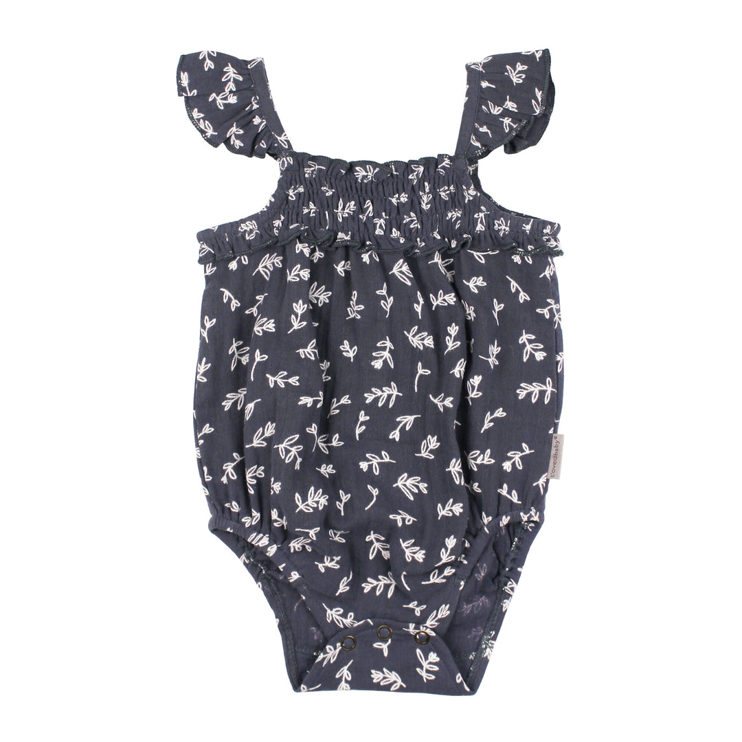 Organic Muslin Sleeveless Bodysuit in Dusk Leaves.
