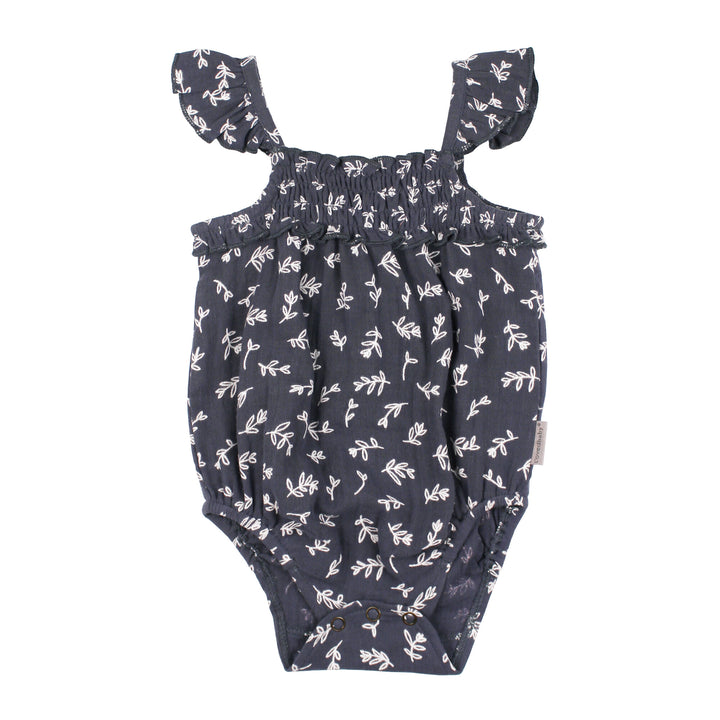 Organic Muslin Sleeveless Bodysuit in Dusk Leaves.