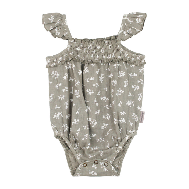 Organic Muslin Sleeveless Bodysuit in Fawn Leaves.